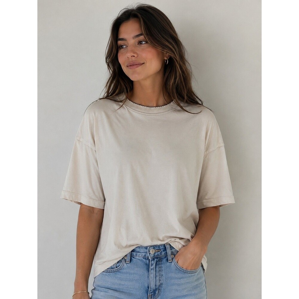 American Eagle Oversized T-Shirt Size Small Cream Beige Boxy Crop Stitching NEW